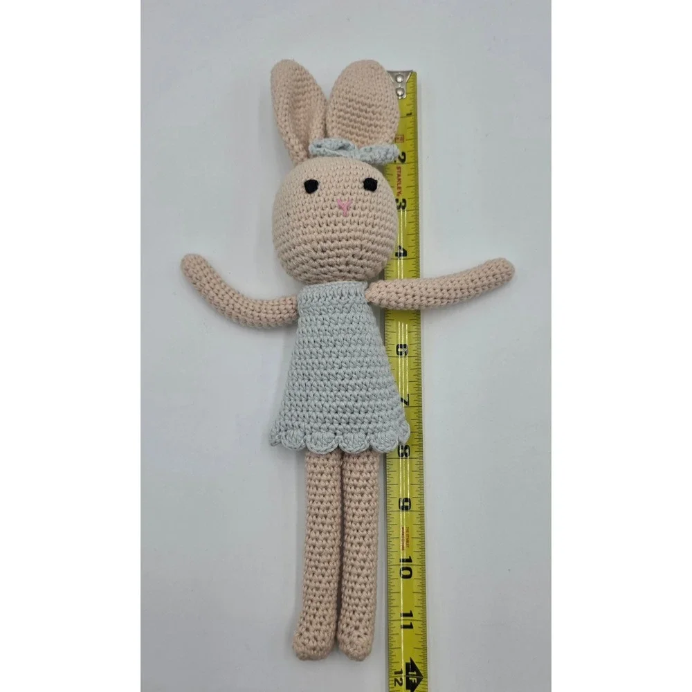 Handmade Crochet Bunny Amigurumi Stuffed Animal Beige Blue Dress 11.5 Inch Plush